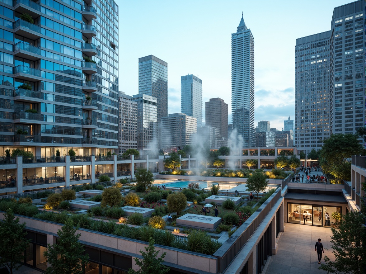 Prompt: Urban cityscape, calming azure hue, modern skyscrapers, sleek glass facades, reflective metal surfaces, vibrant street art, bustling pedestrian zones, lush green roofs, tranquil rooftop gardens, atmospheric misting systems, shallow depth of field, 1/2 composition, warm natural lighting, soft focus, ambient occlusion.