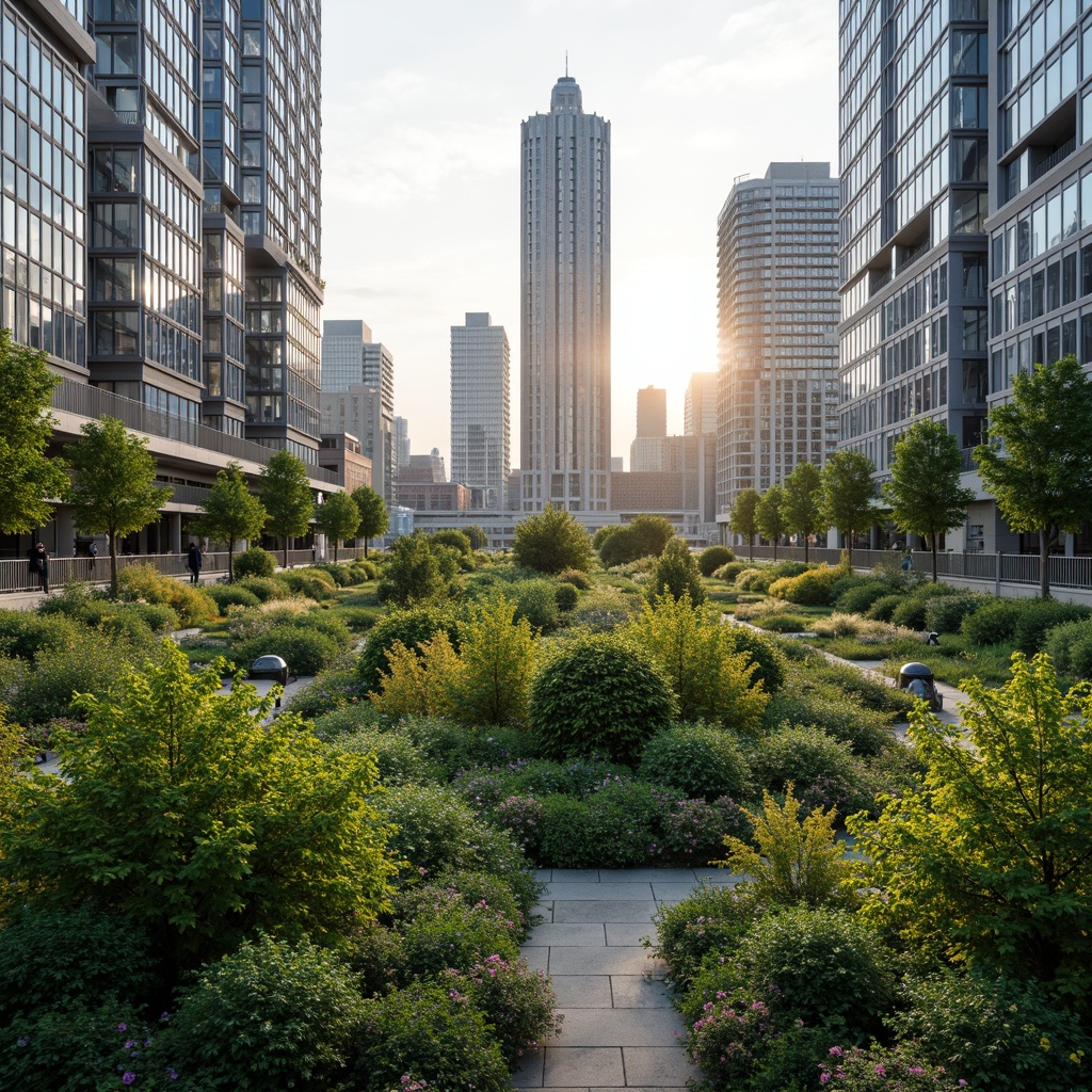 Prompt: Vibrant green roofs, lush vegetation, urban skyscrapers, modern architecture, eco-friendly materials, stormwater management systems, air quality improvement, thermal insulation, reduced energy consumption, habitat creation, biodiversity conservation, noise reduction, increased property values, improved mental health, calming ambiance, natural stone walkways, steel railings, rooftop gardens, panoramic city views, soft warm lighting, shallow depth of field, 3/4 composition.