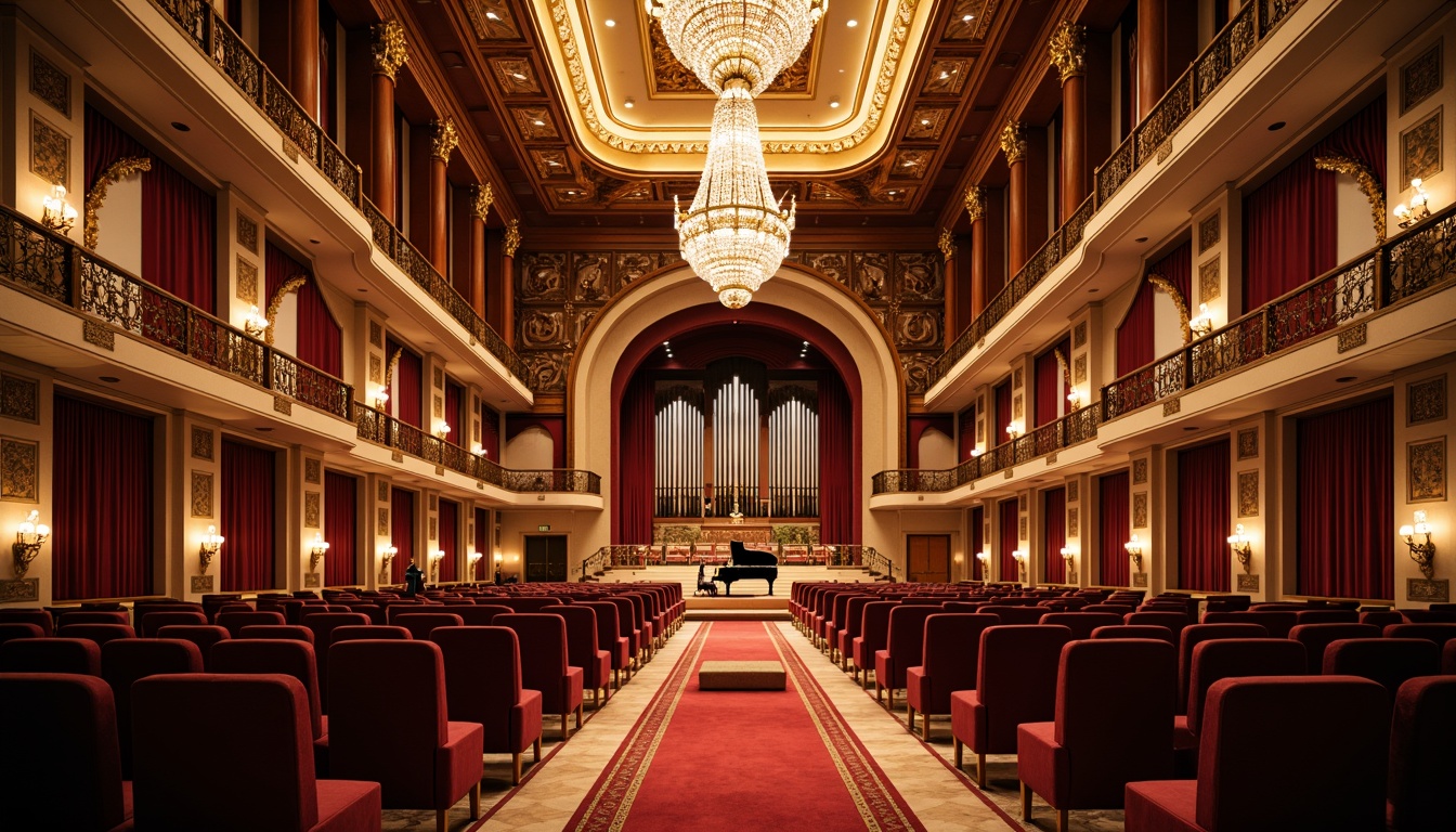 Prompt: Grand concert hall, ornate chandeliers, rich velvet curtains, polished wooden floors, intricate moldings, gilded accents, luxurious VIP areas, red carpet entrance, grand pianos, acoustic panels, warm golden lighting, shallow depth of field, 1/2 composition, realistic textures, ambient occlusion, elegant balconies, ornamental railings, refined furniture, classic instruments, vintage music equipment, intimate performance spaces.