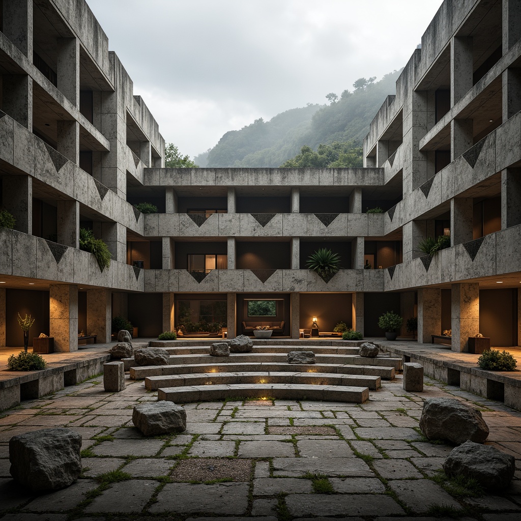 Prompt: Rugged amphitheater, brutalist architecture, raw concrete walls, natural stone seating, harsh geometric shapes, dramatic shadows, warm diffused lighting, soft focus, 1/1 composition, symmetrical framing, subtle color palette, earthy tones, moss-covered stones, overcast sky, gentle mist, atmospheric perspective, realistic textures, ambient occlusion.