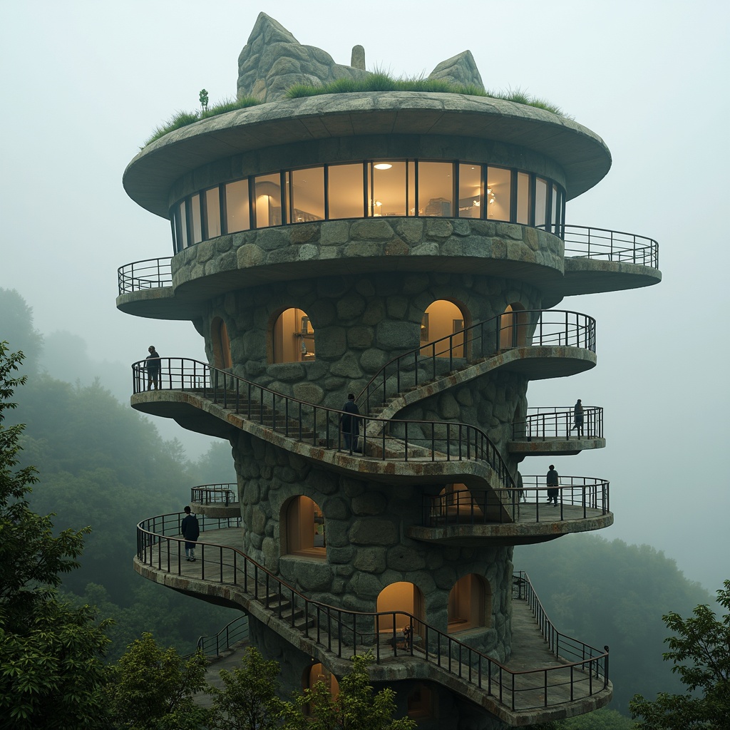 Prompt: Twisted, curvaceous Watching Tower, rugged stone walls, asymmetrical shape, cantilevered platforms, rusty metal railings, weathered wooden accents, earthy tone color scheme, moss-covered surfaces, whimsical architectural details, mystical ambiance, foggy misty atmosphere, soft warm lighting, cinematic composition, high vantage point, dramatic shadows, realistic textures, ambient occlusion.