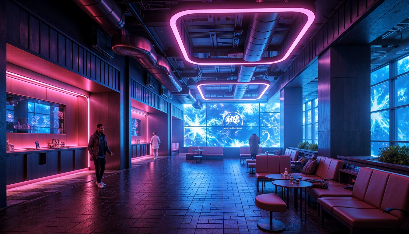 Prompt: Futuristic nightclubs, neon-lit dance floors, holographic projections, laser beam lights, pulsing strobe lights, metallic surfaces, LED strip ceilings, geometric patterns, minimalist seating areas, futuristic bars, glowing cocktail tables, iridescent colors, reflective glass walls, angular architectural lines, high-tech DJ booths, surround sound systems, fog machines, strobing spotlights, dark ambient atmosphere, shallow depth of field, 1/2 composition, cinematic lighting, realistic textures.