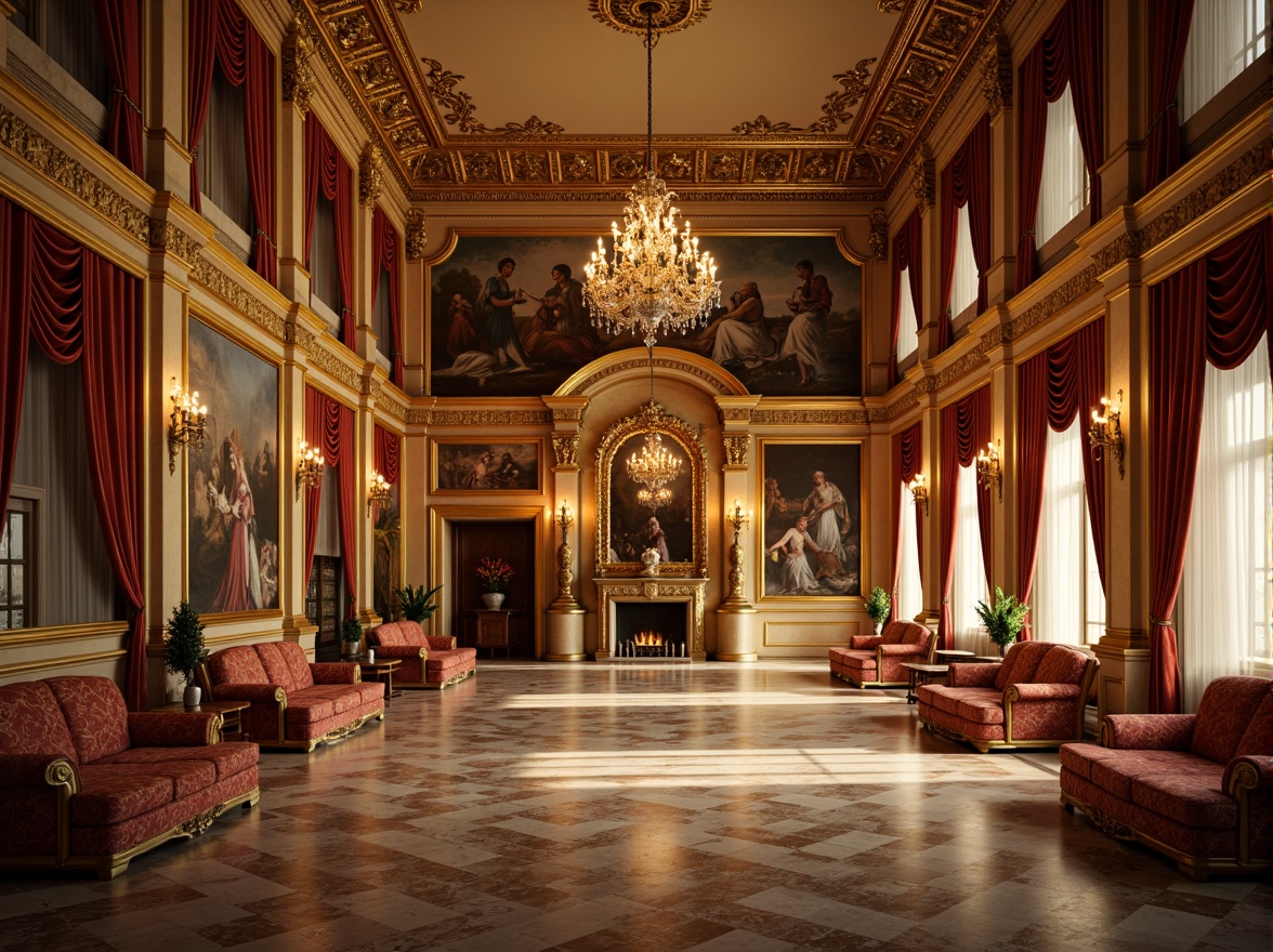 Prompt: Luxurious palace interior, rich gold accents, ornate furnishings, velvety red drapes, lavish chandeliers, intricate marble patterns, warm beige walls, golden brown woodwork, soft cream-colored ceilings, opulent frescoes, dramatic lighting effects, deep shadows, high contrast ratio, detailed textures, realistic renderings, 1/2 composition, atmospheric perspective.