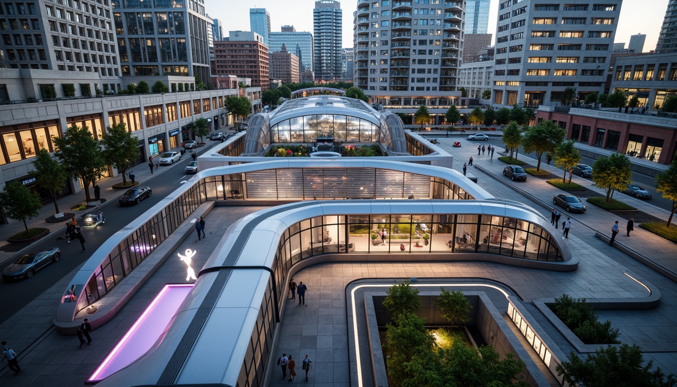 Prompt: Futuristic tram stations, curvaceous blob-like structures, sleek metallic exteriors, vibrant LED lighting, modern urban landscapes, bustling city streets, pedestrian-friendly walkways, green roofs, integrated public art installations, angular staircases, glass-enclosed platforms, natural stone flooring, ambient occlusion, shallow depth of field, 3/4 composition, panoramic view, realistic textures.