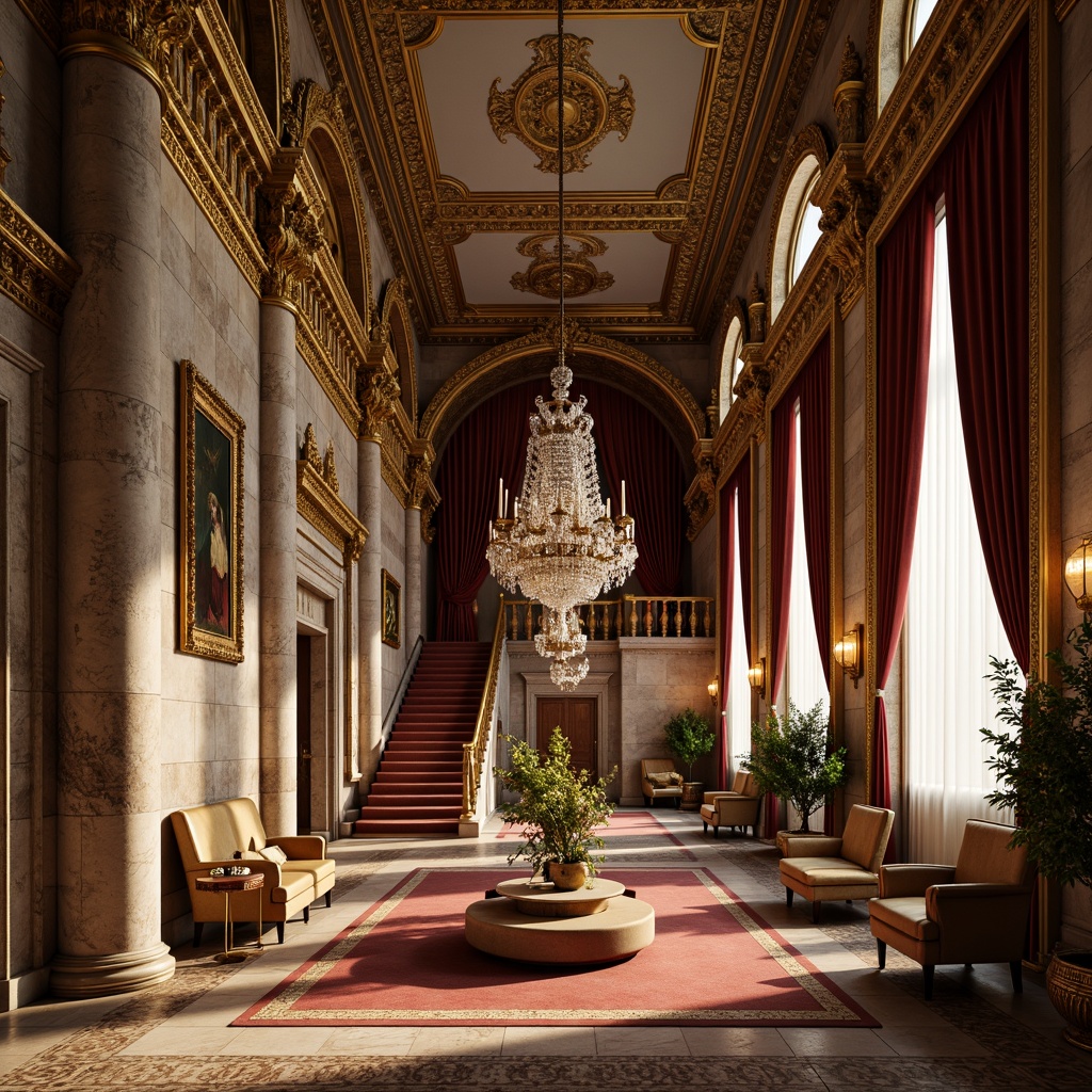 Prompt: Ornate Baroque palace, richly textured stone walls, intricately carved marble columns, gilded ornaments, lavish furnishings, velvet drapes, ornamental metalwork, crystal chandeliers, frescoed ceilings, grand staircase, opulent fabrics, warm golden lighting, shallow depth of field, 1/1 composition, symmetrical framing, detailed realistic textures, ambient occlusion.