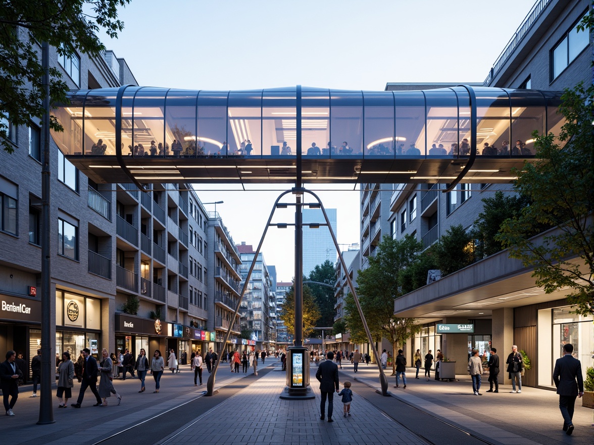 Prompt: Futuristic tram station, curved glass fa\u00e7ade, dynamic LED lighting, sleek metal accents, cantilevered roofs, open-air platforms, urban cityscape, busy streets, morning commute, soft natural light, shallow depth of field, 3/4 composition, panoramic view, realistic reflections, ambient occlusion, modern typography, wayfinding signage, accessible ramps, sustainable building materials, green walls, integrated public art, abstract geometric patterns.