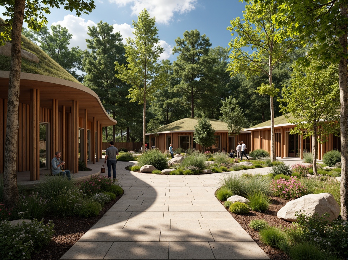 Prompt: Rustic visitor center, natural stone walls, wooden accents, earthy tones, organic textures, undulating rooflines, lush green roofs, verdant surroundings, serene forest backdrop, warm sunlight filtering, dappled shadows, shallow depth of field, 1/2 composition, realistic materials, ambient occlusion, subtle color grading.