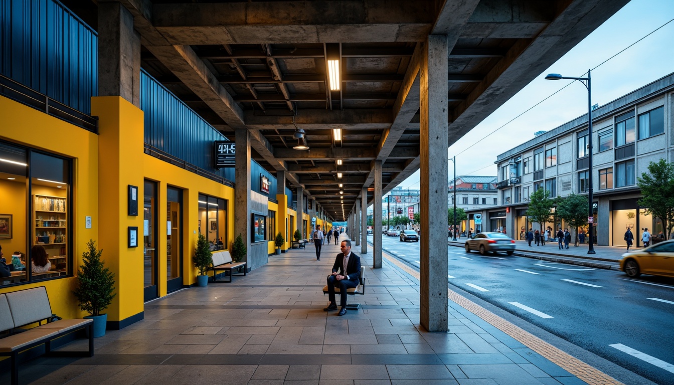 Prompt: Industrial Bauhaus train station, functional architecture, exposed concrete walls, steel beams, minimal ornamentation, bold primary colors, vibrant yellow accents, deep blue tones, industrial lighting fixtures, metal benches, geometric patterns, urban cityscape, busy streets, modern transportation hub, natural stone flooring, large glass windows, angular lines, minimalist design, urban atmosphere, high-contrast color scheme, dramatic shadows, 3/4 composition, realistic textures.