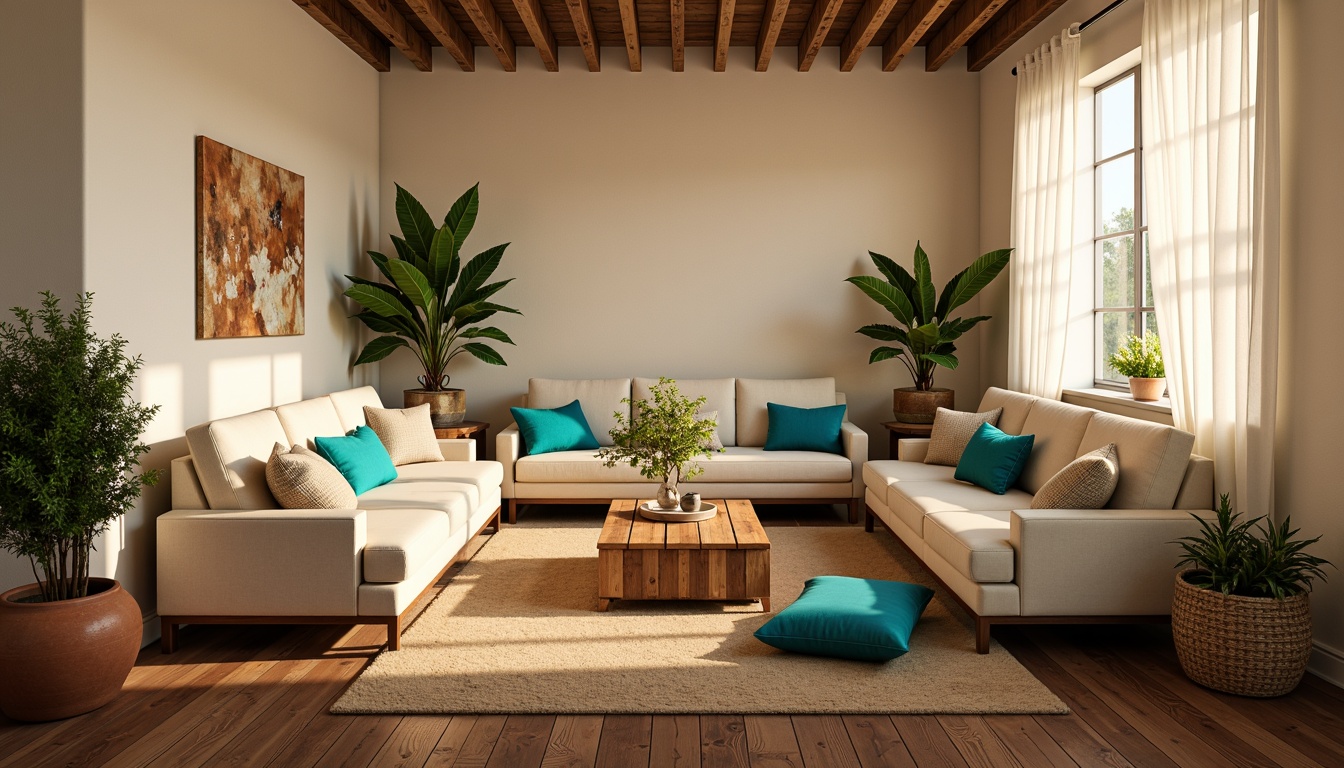 Prompt: Cozy apartment interior, soft warm beige walls, rich dark wood flooring, plush cream-colored sofas, vibrant turquoise accents, natural textiles, woven baskets, earthy terracotta pots, lush greenery, delicate white curtains, warm golden lighting, shallow depth of field, 1/2 composition, intimate atmosphere, realistic textures, ambient occlusion.