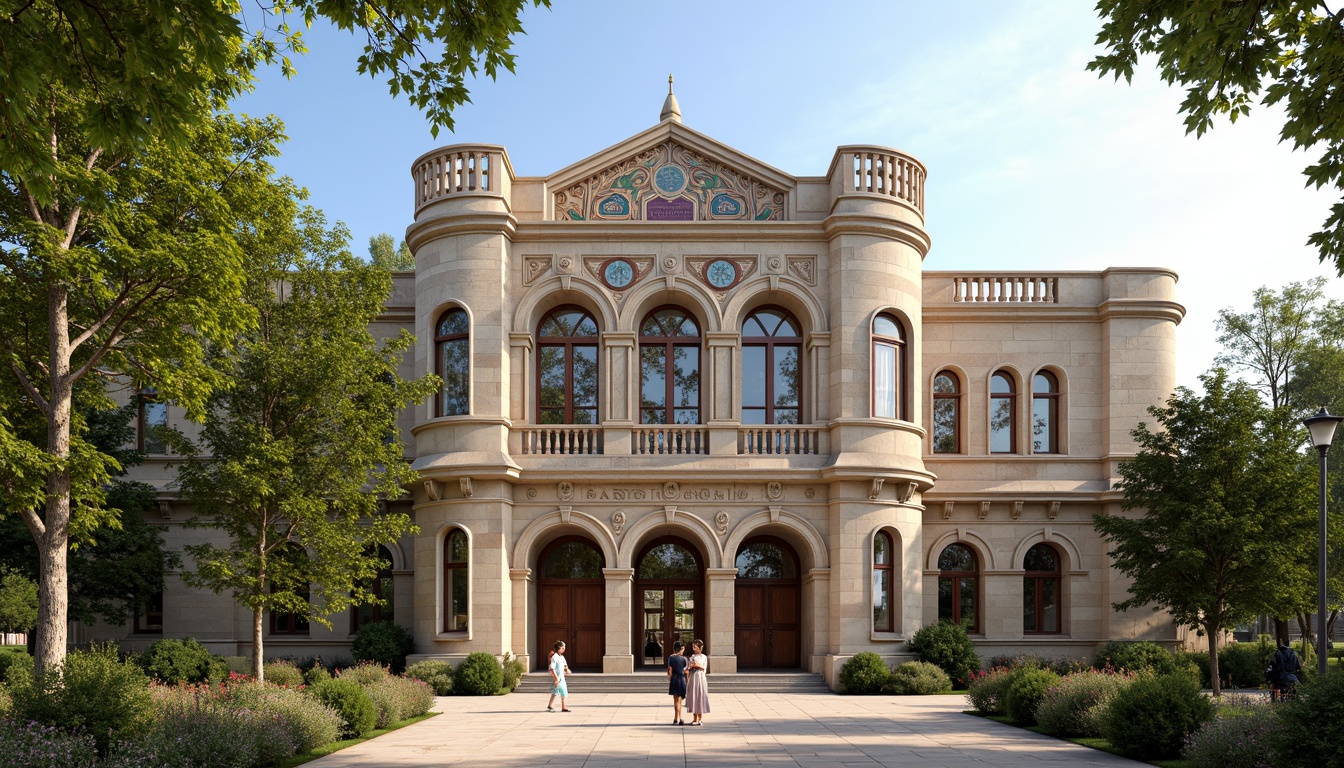 Prompt: Ornate school building, Romanesque style architecture, carved stone fa\u00e7ade, grand entrance archways, ornamental columns, intricate moldings, rusticated stonework, rounded arch windows, heavy wooden doors, ornate metal hardware, vibrant stained glass, colorful tile mosaics, decorative roof turrets, sprawling greenery, blooming flowers, sunny afternoon, soft warm lighting, shallow depth of field, 3/4 composition, panoramic view, realistic textures, ambient occlusion.