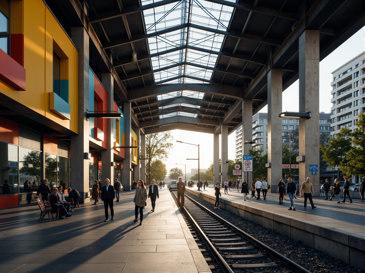 Prompt: Industrial Bauhaus train station, functionalist architecture, exposed concrete walls, steel beams, industrial-style lighting fixtures, bold primary colors, geometric shapes, minimalist decor, urban cityscape, busy streets, modern transportation hub, dynamic crowd activity, natural light pouring in through large windows, high-contrast shadows, dramatic atmospheric lighting, 1/1 composition, symmetrical framing, deep depth of field, realistic textures, ambient occlusion.