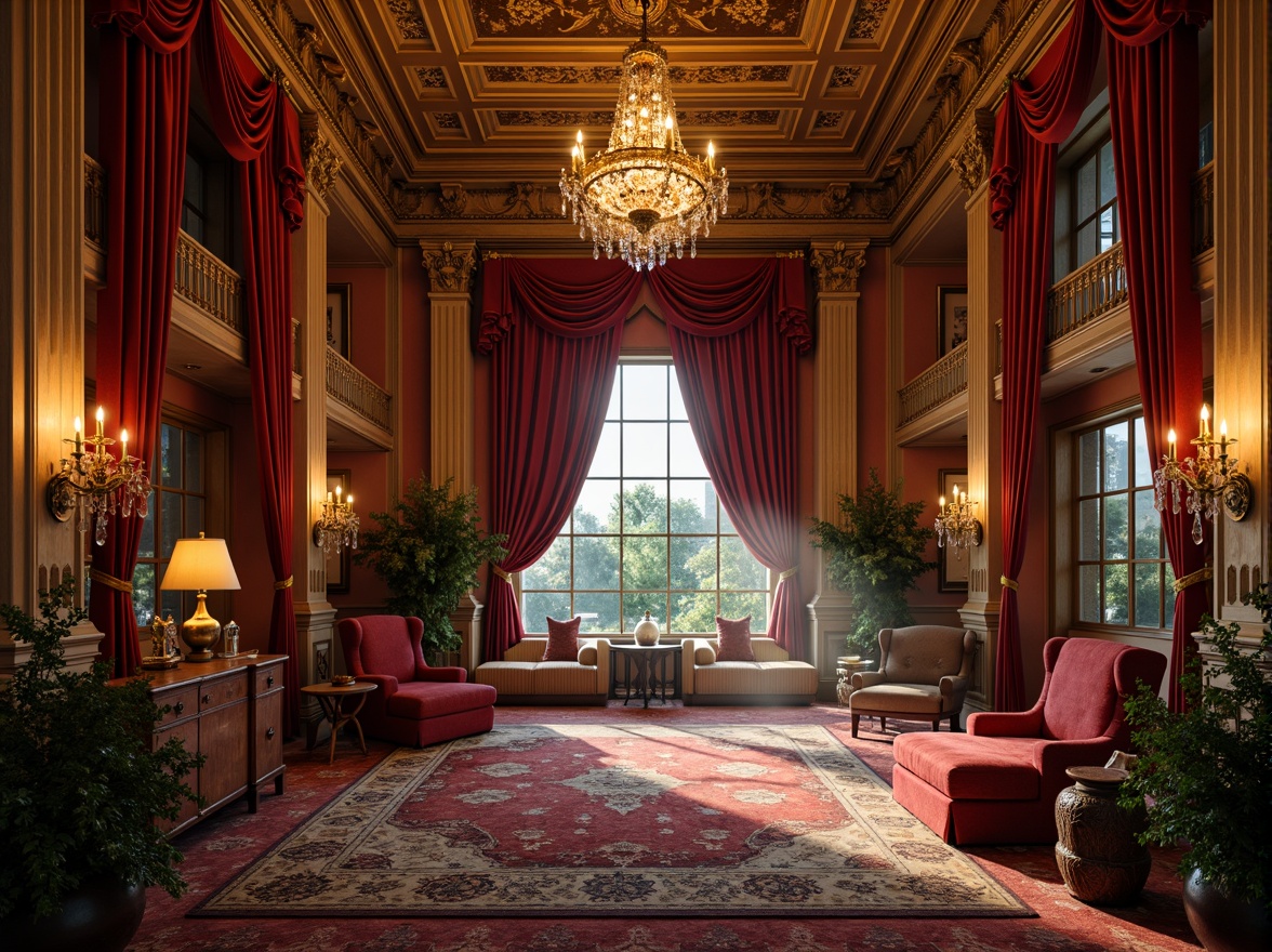 Prompt: Grandiose mansion, ornate facades, warm golden lighting, rich jewel-toned walls, velvet drapes, intricately patterned rugs, lavish chandeliers, opulent furnishings, soft misty atmosphere, mysterious shadows, dramatic archways, sweeping staircases, grand ballrooms, luxurious textiles, bold color contrasts, vibrant accent walls, majestic high ceilings, ornamental moldings, Baroque-inspired details, whimsical Gothic elements.