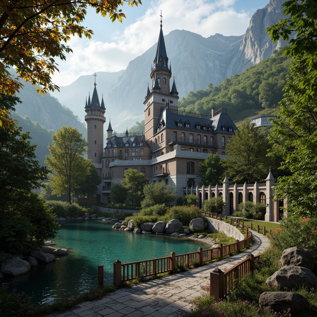 Prompt: Dramatic towers, whimsical turrets, ornate stonework, mystical misty atmosphere, lush green forests, winding stone pathways, nostalgic lanterns, rustic wooden bridges, serene lakeside, majestic mountain ranges, warm golden lighting, cinematic composition, atmospheric perspective, vibrant colorful blooms, intricate architectural details, weathered stone textures, soft focus effect.