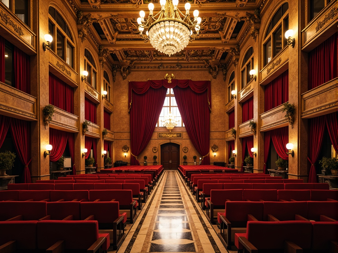 Prompt: Grand auditorium, renaissance architecture, ornate details, gold leaf accents, red velvet drapes, intricate moldings, crystal chandeliers, marble floors, decorative columns, carved wooden paneling, luxurious textiles, rich jewel tones, warm golden lighting, dramatic ceiling heights, symmetrical composition, classical proportions, realistic reflections, ambient occlusion.