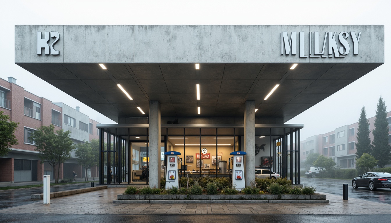 Prompt: Industrial-style gas station, functional architecture, rectangular forms, flat roofs, large windows, metal framework, concrete walls, geometric patterns, bold typography, primary color schemes, industrial materials, steel beams, exposed pipes, functional lighting, urban landscape, morning fog, soft diffused light, shallow depth of field, 1/1 composition, symmetrical framing, high-contrast textures, ambient occlusion.