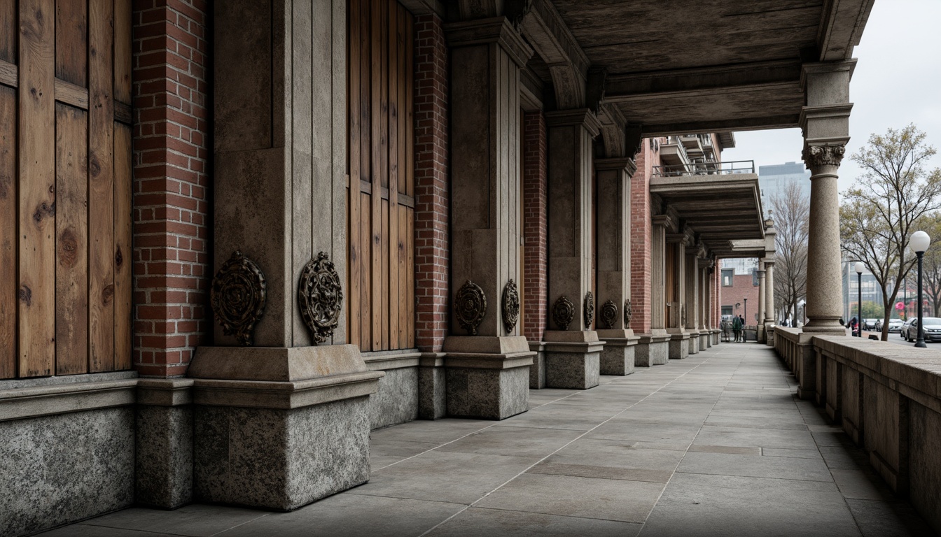 Prompt: Rustic stone walls, weathered wooden planks, rough-hewn granite columns, intricate brick patterns, ornate metalwork details, distressed concrete textures, industrial-style pipes, urban cityscape backdrop, cloudy overcast day, soft diffused lighting, shallow depth of field, 1/2 composition, detailed normal maps, realistic ambient occlusion.