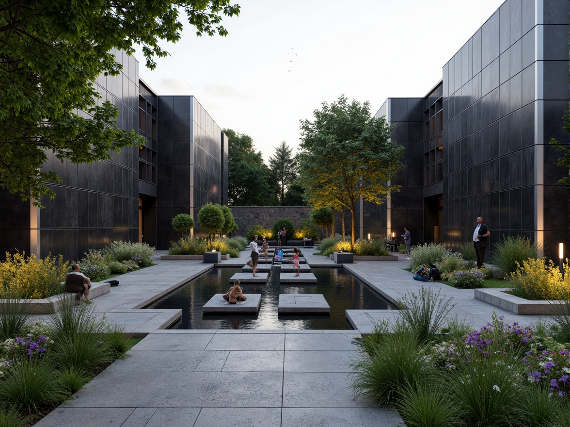 Prompt: Contemporary memorial center, sleek lines, minimalist design, polished black granite walls, silver metal accents, geometric patterns, modern sculptures, tranquil water features, lush greenery, vibrant flowers, natural stone walkways, LED lighting, shallow depth of field, 3/4 composition, panoramic view, realistic textures, ambient occlusion.