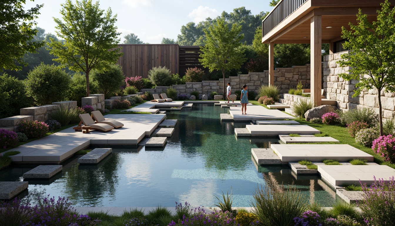 Prompt: Fragmented pool design, irregular shapes, abstract water features, deconstructed stone walls, organic landscape integration, lush greenery, vibrant flowers, meandering walkways, natural rock formations, weathered wood accents, modern architectural elements, cantilevered structures, bold color contrasts, dynamic lighting effects, shallow depth of field, 1/2 composition, atmospheric perspective, realistic water simulations, ambient occlusion.