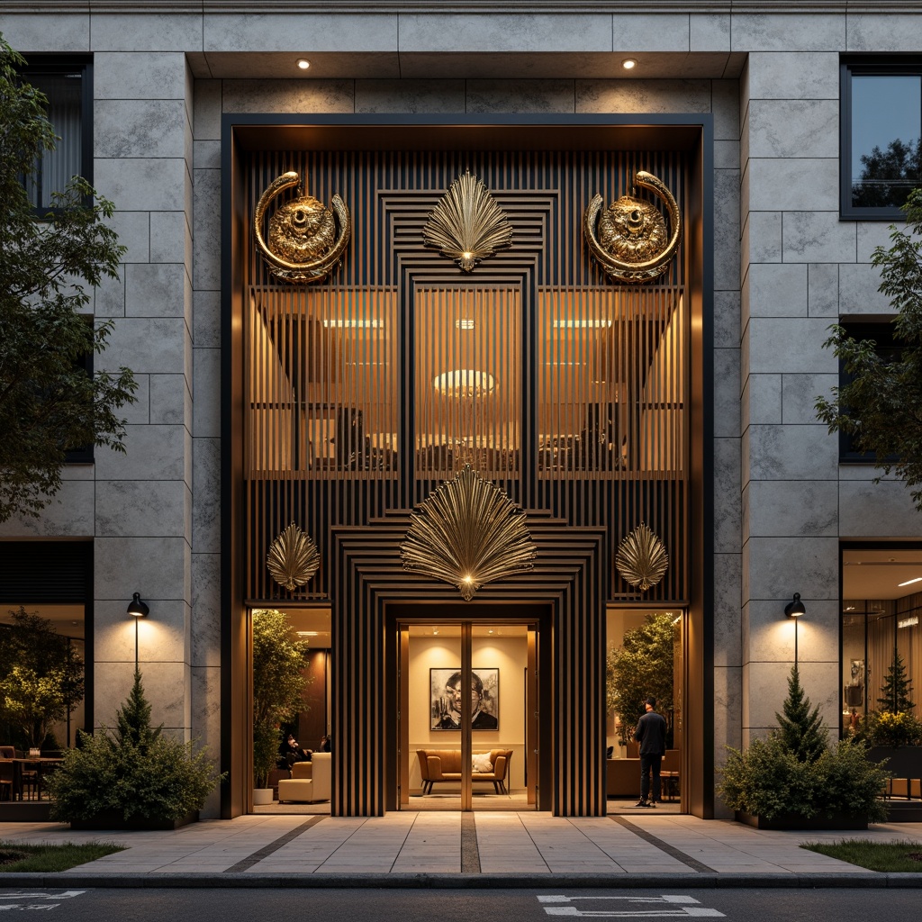 Prompt: Opulent bank building, Art Deco style, geometric patterns, metallic materials, ornate details, grand entrance, symmetrical facade, limestone walls, bronze accents, vertical lines, chevron motifs, ornamental sculptures, lavish ornamentation, dramatic lighting, warm golden tones, high-contrast shadows, shallow depth of field, 1/1 composition, detailed textures, ambient occlusion.