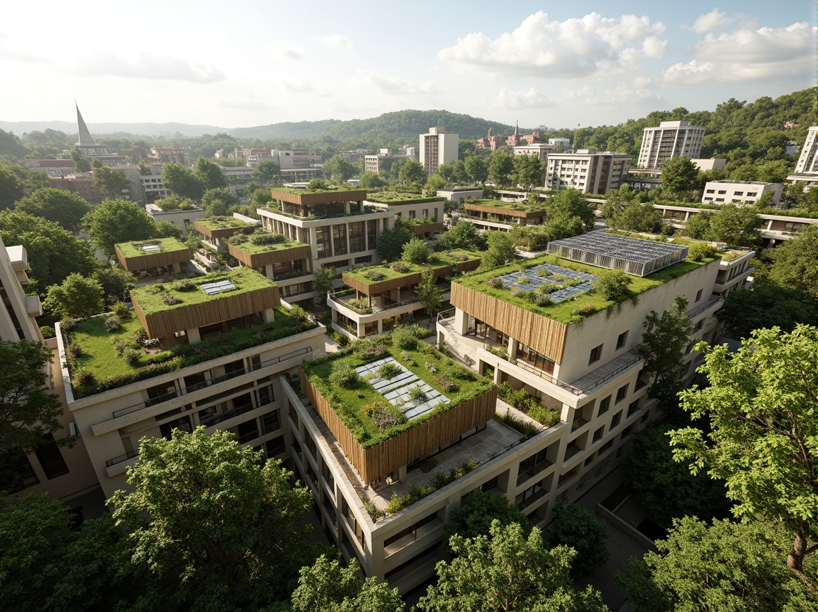 Prompt: Sustainable eco-friendly buildings, lush green roofs, vertical gardens, solar panels, wind turbines, rainwater harvesting systems, natural ventilation, energy-efficient facades, recycled materials, bamboo structures, minimalist design, organic shapes, earthy tones, seamless integration with surroundings, serene atmosphere, soft natural lighting, shallow depth of field, 3/4 composition, panoramic view, realistic textures, ambient occlusion.