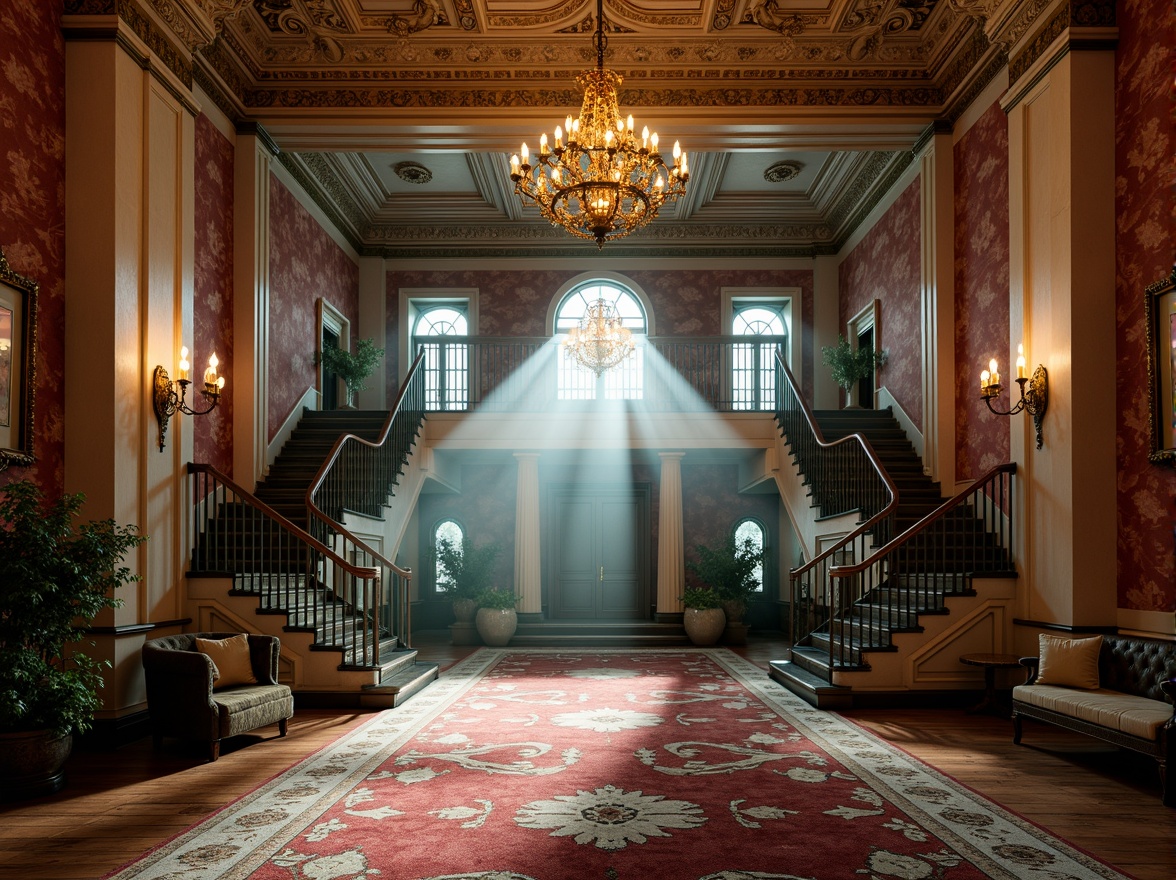 Prompt: Majestic Victorian-era mansion, intricately carved stonework, grand entrance hall, sweeping staircases, lavish chandeliers, richly patterned rugs, ornate plaster ceilings, dramatic color contrasts, bold red brick facades, creamy white marble columns, emerald green accents, golden lighting fixtures, soft warm glow, cinematic shadows, atmospheric mist, 1/2 composition, low-angle shot, warm vibrant colors, textured stone walls, antique furniture, mysterious ambiance.