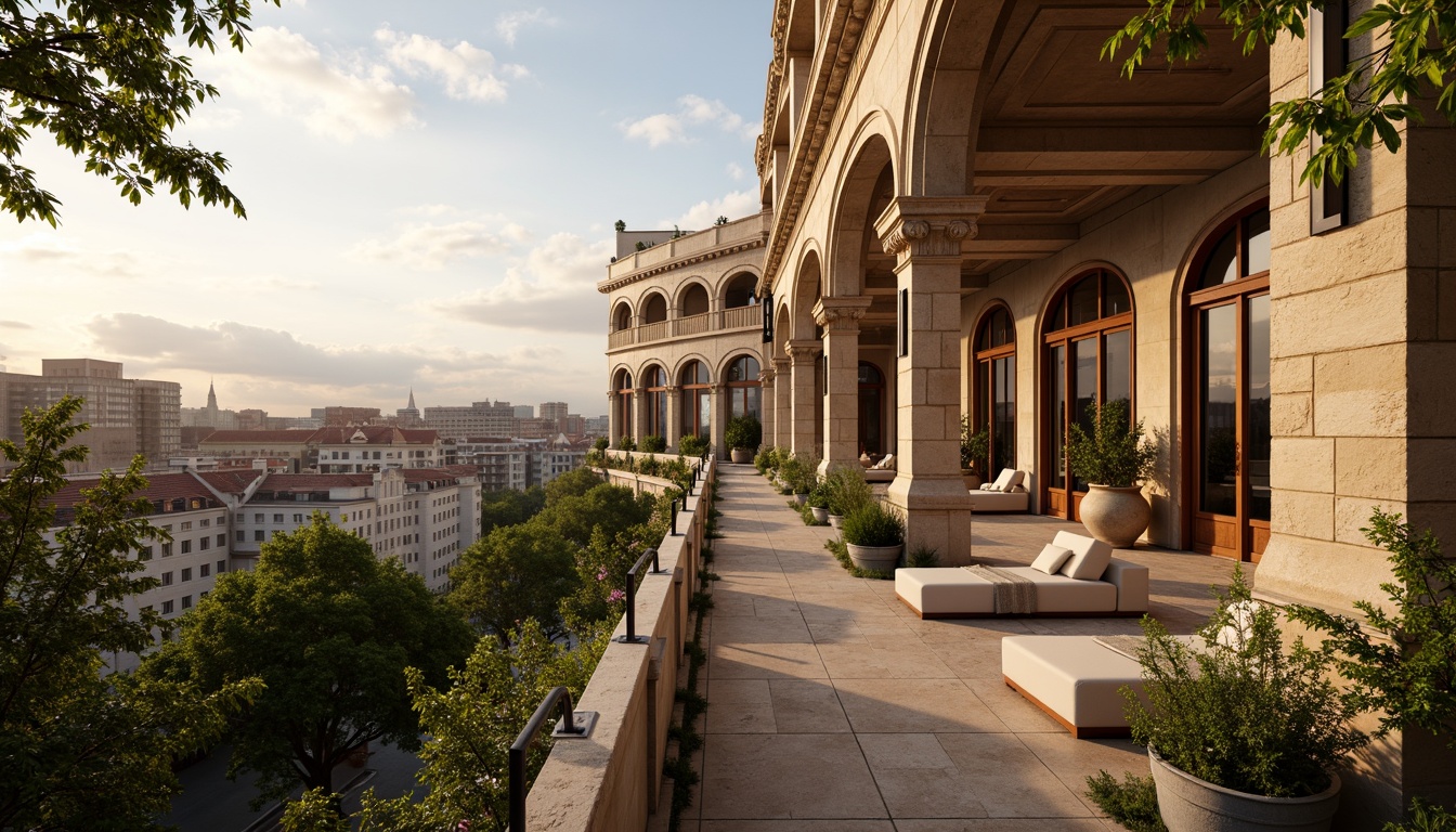 Prompt: Luxurious penthouse, Romanesque facade, ornate stonework, grand archways, majestic columns, intricate carvings, warm beige stone, rich wooden accents, ornamental metalwork, Juliet balconies, lavish greenery, elegant outdoor spaces, sophisticated urban views, dramatic cityscape, warm golden lighting, shallow depth of field, 1/1 composition, symmetrical framing, realistic textures, ambient occlusion.