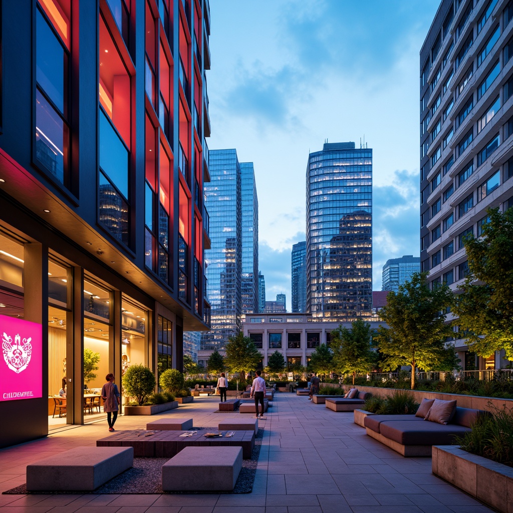 Prompt: Vibrant cityscape, modern skyscrapers, sleek glass facades, bold color accents, urban rooftop gardens, industrial chic materials, exposed ductwork, polished concrete floors, neon signage, futuristic ambiance, high-contrast lighting, dramatic shadows, 1/1 composition, realistic reflections, atmospheric perspective.