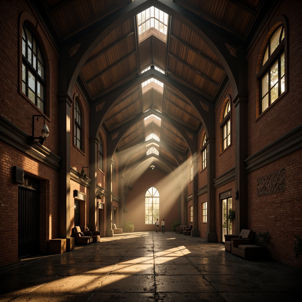 Prompt: Rustic warehouse interior, exposed brick walls, distressed wooden beams, industrial metal fixtures, dimly lit atmosphere, mysterious shadows, grand Gothic arches, ribbed vaults, pointed windows, intricate stone carvings, ornate ironwork, dark romantic ambiance, warm golden lighting, cinematic composition, atmospheric fog, realistic textures, ambient occlusion.