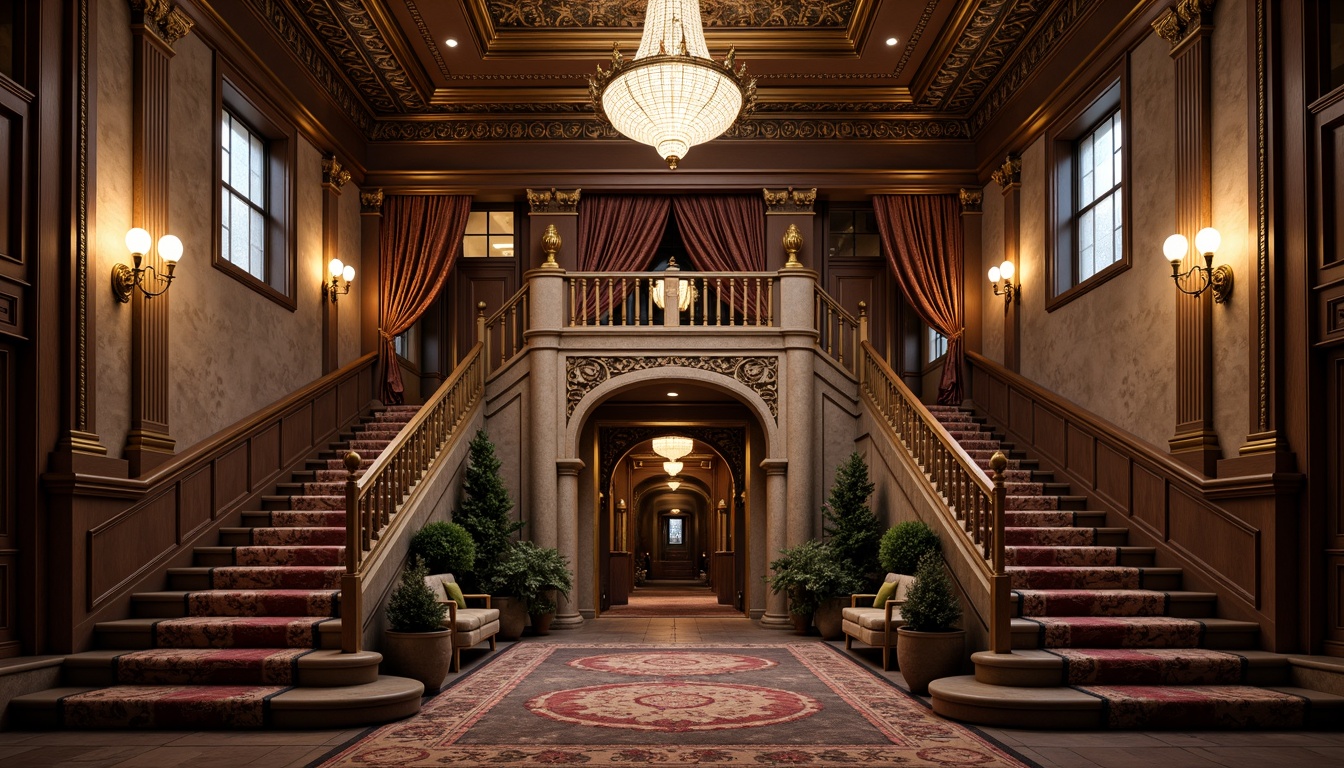 Prompt: Elegant Victorian-era mansion, intricately carved stonework, ornate facades, decorative cornices, grand entranceways, sweeping staircases, lavish chandeliers, opulent furnishings, richly patterned rugs, velvet drapes, gilded accents, subtle warm lighting, soft focus, 1/2 composition, ornamental motifs, classic proportions, sophisticated color palette, refined textures, ambient illumination.