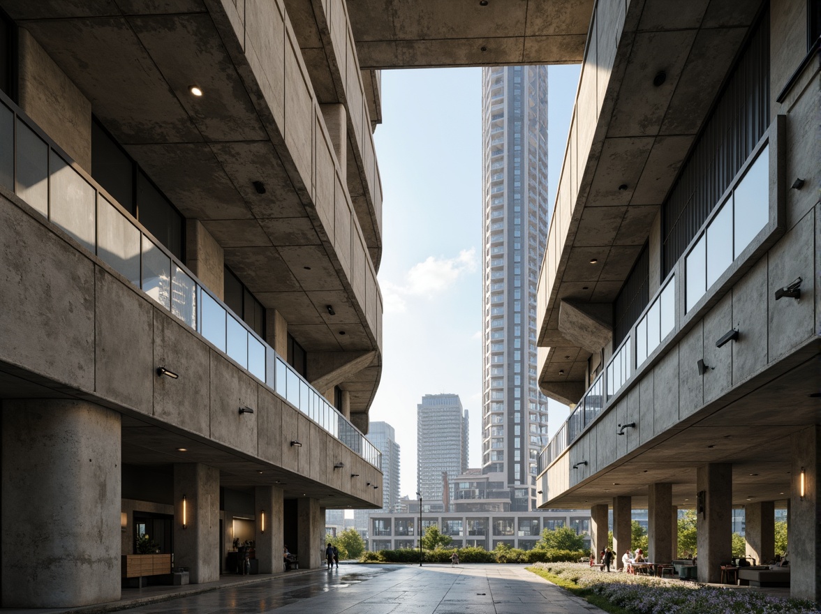 Prompt: Brutalist concrete buildings, rugged textures, raw materials, industrial aesthetic, urban landscape, cityscape views, angular lines, geometric shapes, minimalist ornamentation, functional simplicity, structural honesty, exposed ductwork, industrial pipes, metallic tones, neutral color palette, natural light pouring in, high ceilings, open floor plans, abstract compositions, 3/4 perspective, low depth of field, realistic rendering.