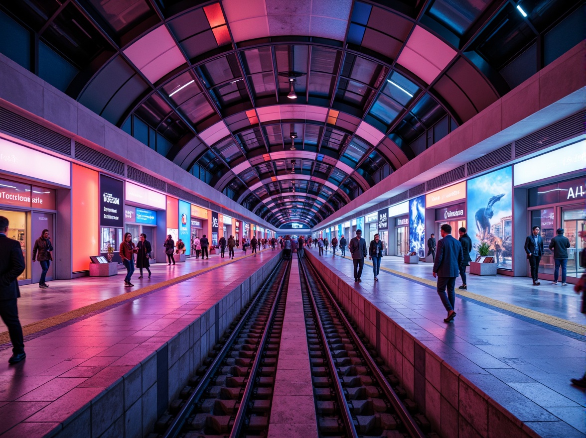 Prompt: Vibrant metro station, bold primary colors, contrasting secondary hues, neon lights, futuristic architecture, curved lines, sleek metal surfaces, modern signage, dynamic typography, urban landscape, busy city atmosphere, rush hour scenes, diverse pedestrian traffic, natural stone flooring, stainless steel handrails, LED lighting installations, atmospheric misting systems, 3/4 composition, low-angle shots, realistic reflections, ambient occlusion.