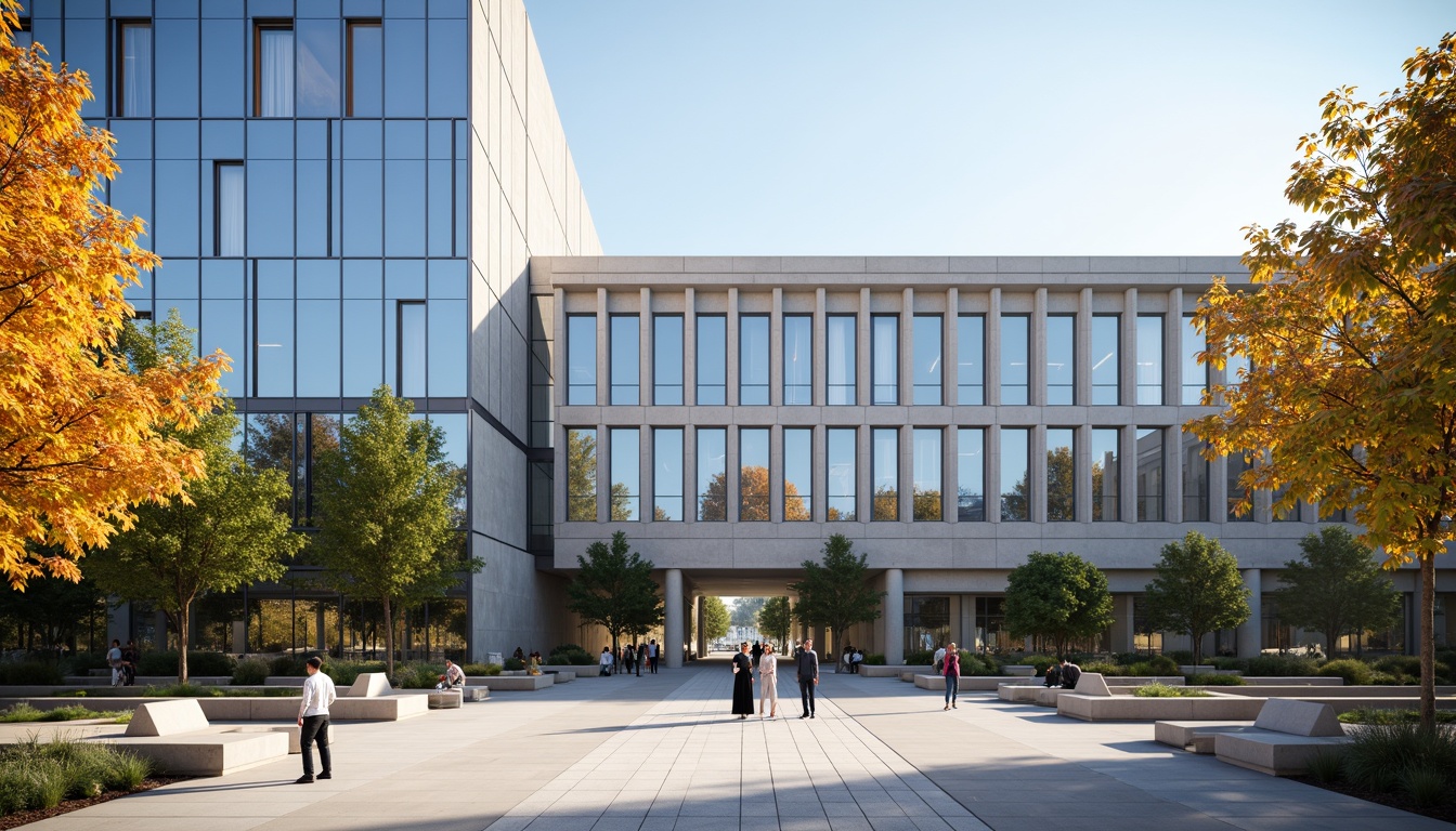 Prompt: Grand courthouse building, international style facade, sleek glass curtain walls, minimalist ornamentation, clean lines, neutral color palette, subtle texture variations, modernist architectural elements, grand entrance plaza, symmetric composition, shallow depth of field, 3/4 perspective, realistic rendering, ambient occlusion, warm sunny day, soft natural light, gentle shadows.