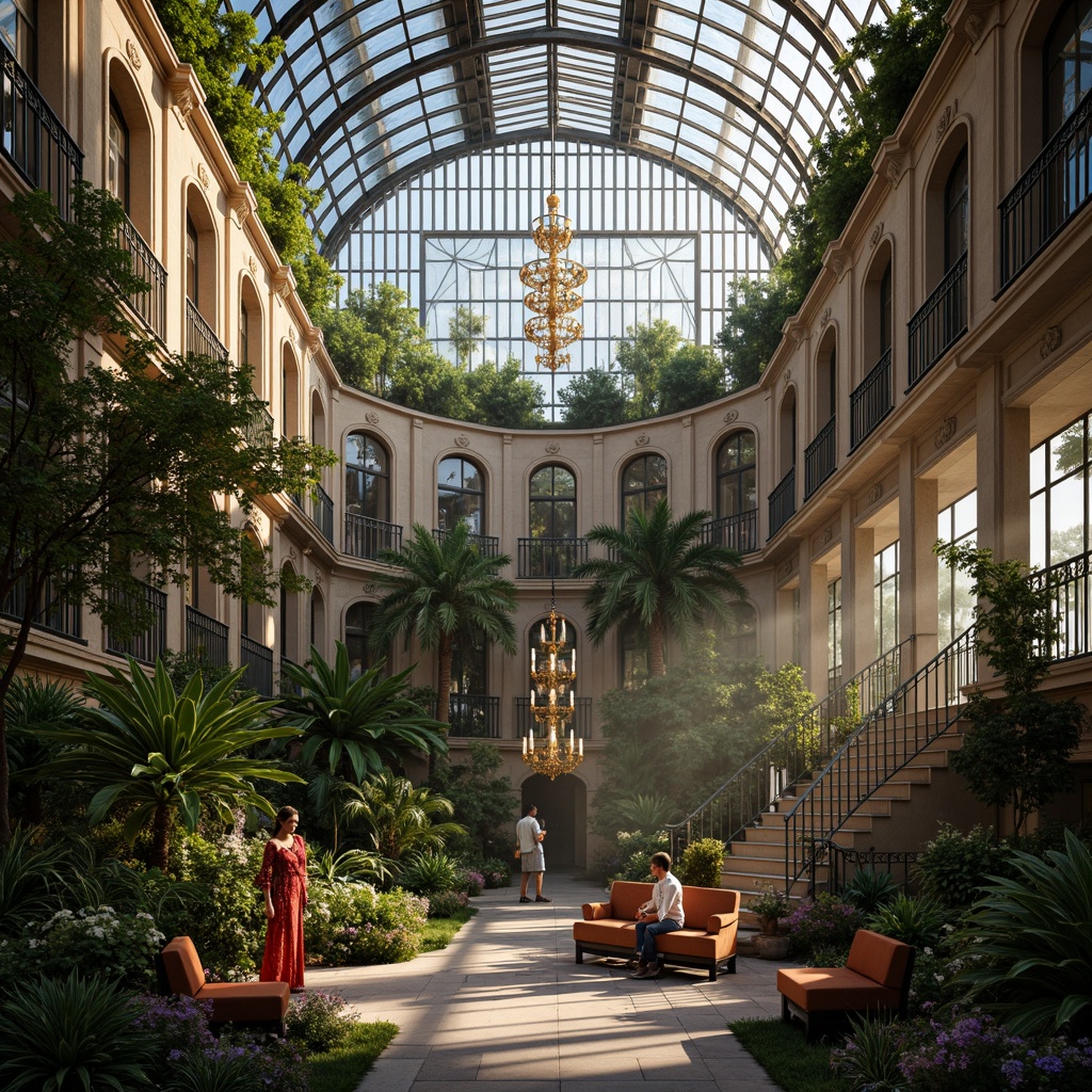 Prompt: Lavish greenhouse, intricate Baroque details, ornate metal frameworks, curved glass panels, lush tropical plants, vibrant floral arrangements, delicate stone carvings, grandiose entranceways, sweeping staircases, opulent chandeliers, soft warm lighting, misty atmosphere, 1/1 composition, dramatic shadows, realistic textures, ambient occlusion, lavish furnishings, velvet drapes, golden accents, antique wooden benches.