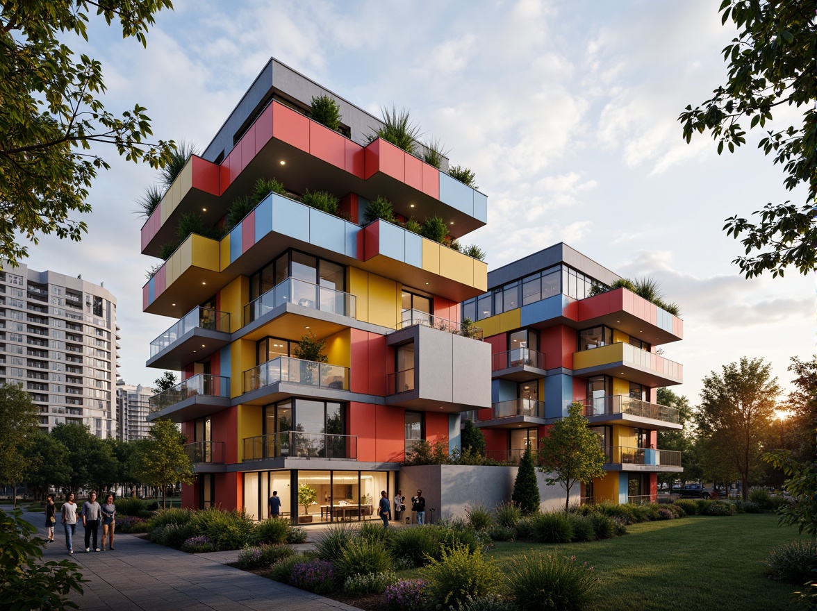 Prompt: Vibrant experimental housing, futuristic facade design, irregular shapes, bold color blocks, dynamic patterns, metallic materials, LED lighting systems, cantilevered structures, green roofs, vertical gardens, urban landscape, cloudy sky, warm sunlight, shallow depth of field, 1/1 composition, realistic textures, ambient occlusion.