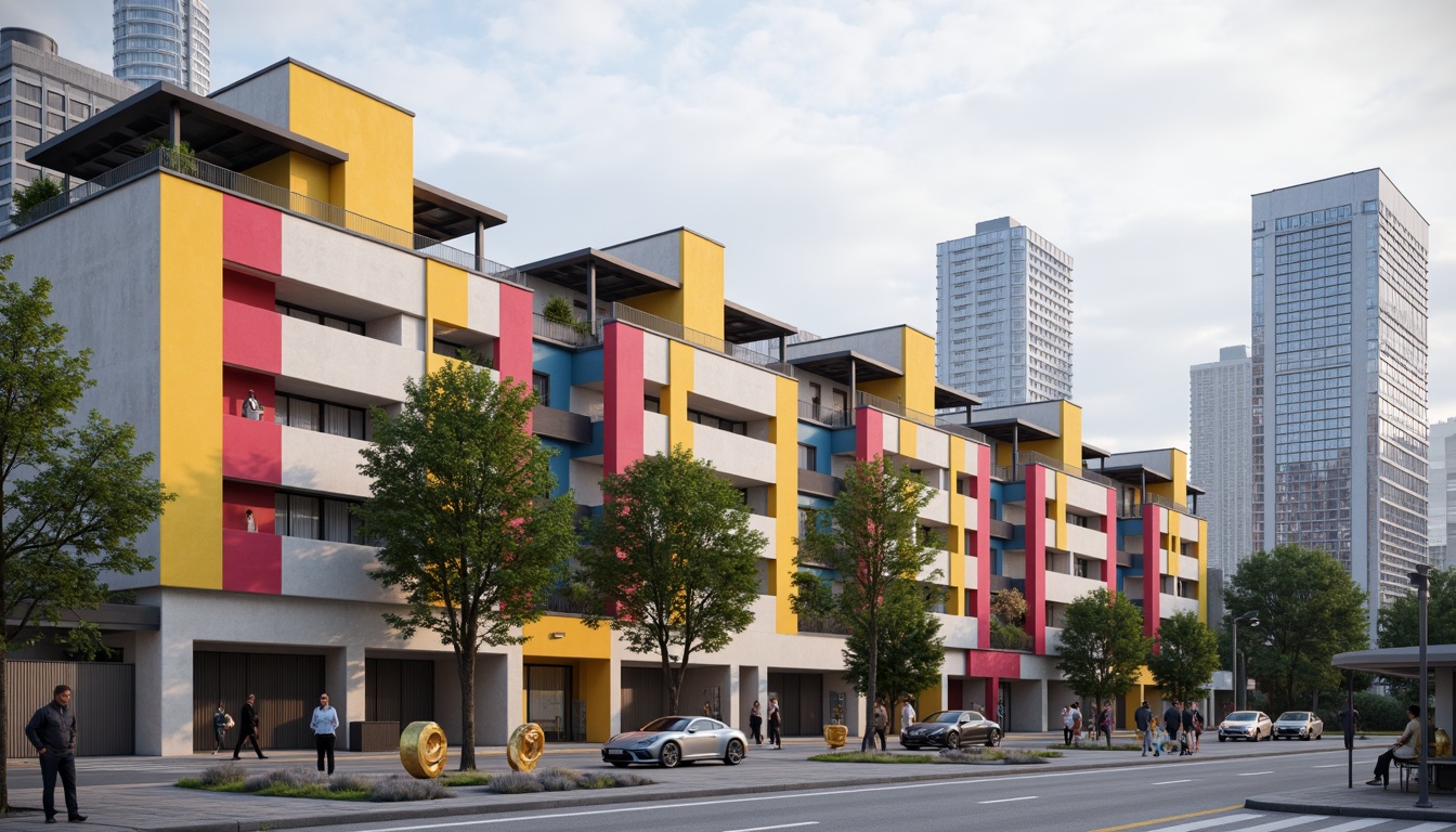 Prompt: Industrial urban setting, geometric fa\u00e7ade, asymmetrical composition, rectangular windows, flat roofs, minimalist ornamentation, functional simplicity, bold color blocking, primary color accents, steel frames, concrete walls, functional balconies, abstract sculptures, modernist typography, clean lines, rectangular shapes, urban cityscape, cloudy sky, diffused natural light, shallow depth of field, 2/3 composition, realistic textures, ambient occlusion.