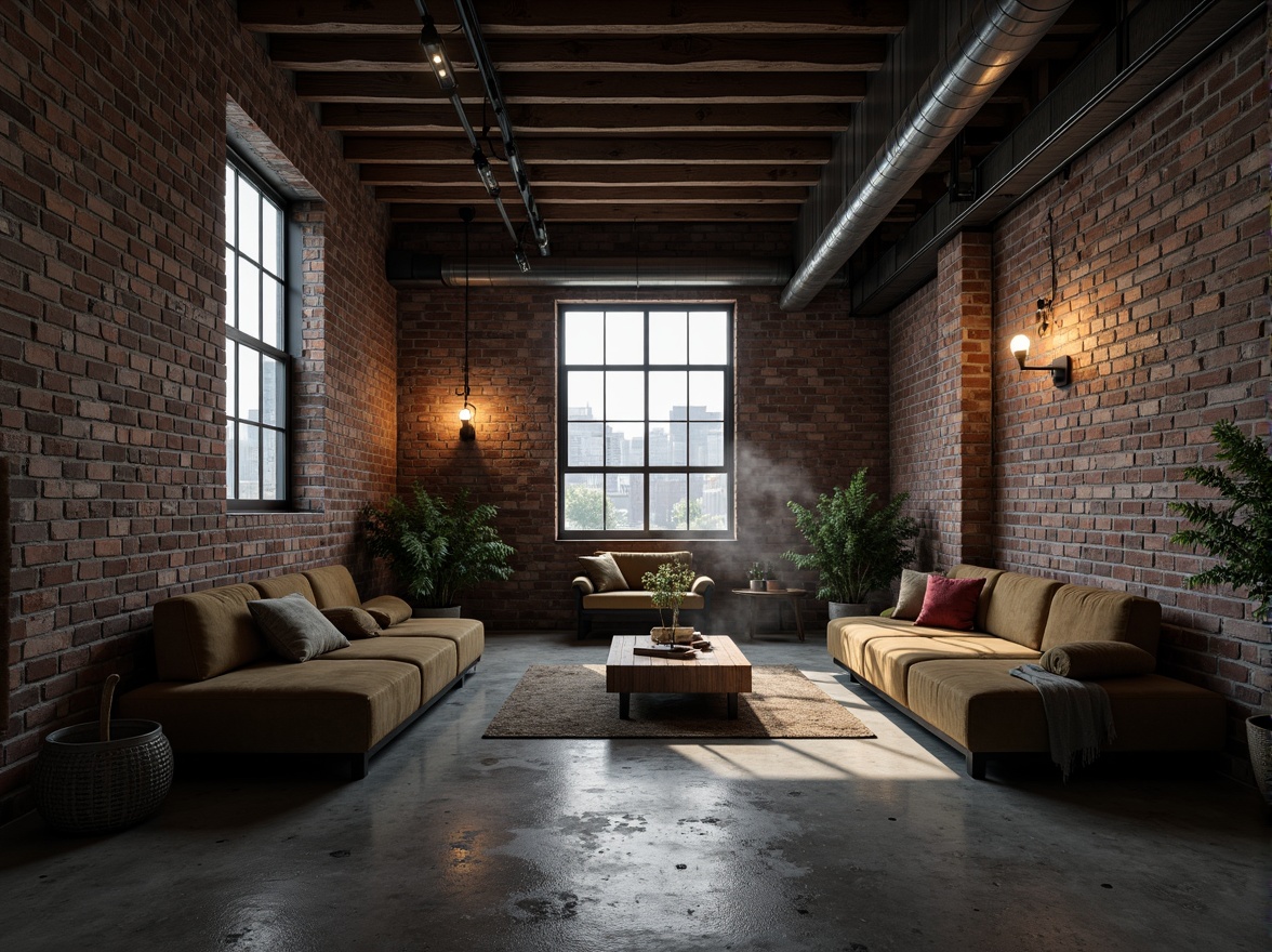 Prompt: Exposed brick walls, metal beams, reclaimed wood accents, industrial-style lighting fixtures, concrete floors, functional pipes and ducts, urban cityscape, gritty textures, moody color palette, dramatic shadows, atmospheric mist, cinematic composition, 1/1 aspect ratio, realistic renderings, detailed architectural models.