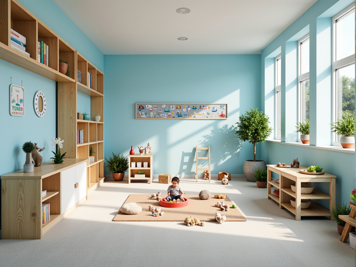 Prompt: Vibrant kindergarten, light blue walls, white furniture, playful toys, educational decorations, soft carpet flooring, natural wood accents, modern minimalist design, large windows, warm sunny lighting, shallow depth of field, 3/4 composition, panoramic view, realistic textures, ambient occlusion.