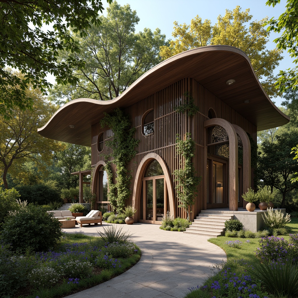 Prompt: Organic pavilion structure, undulating curves, ornate metalwork, lush greenery, living walls, reclaimed wood accents, natural stone flooring, earthy tone color palette, intricately carved wooden doors, grand entranceways, stained glass windows, warm soft lighting, shallow depth of field, 1/1 composition, realistic textures, ambient occlusion, serene atmosphere, peaceful surroundings, forest-inspired landscape, blooming flowers, gentle breeze.