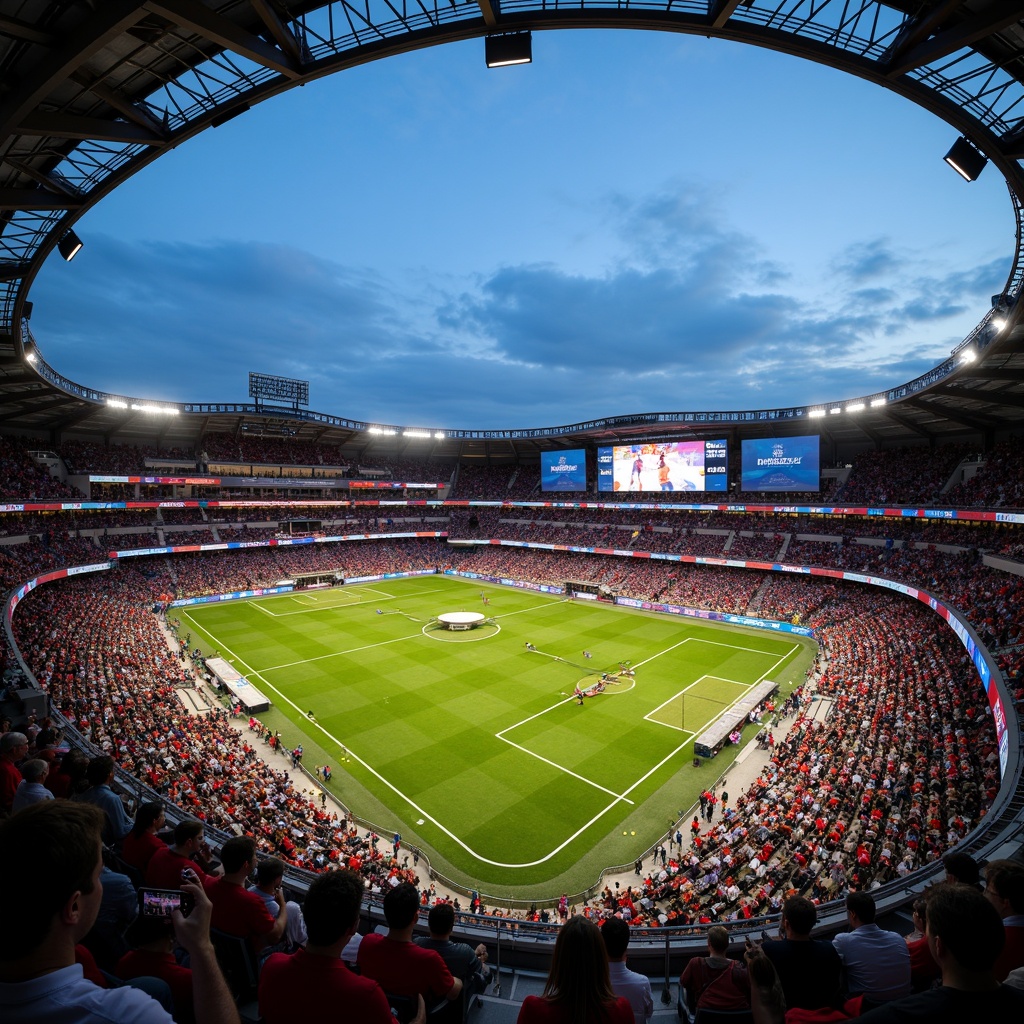 Prompt: Stadium architecture, grandstand seating, sports field markings, vibrant team colors, floodlights, evening atmosphere, soft warm lighting, shallow depth of field, 3/4 composition, panoramic view, realistic textures, ambient occlusion, dynamic crowd simulation, cheering audience, energetic sports announcer, live scoreboard display, sponsor branding, modern amenities, concession stands, food and beverage vendors, restroom facilities, accessible walkways.