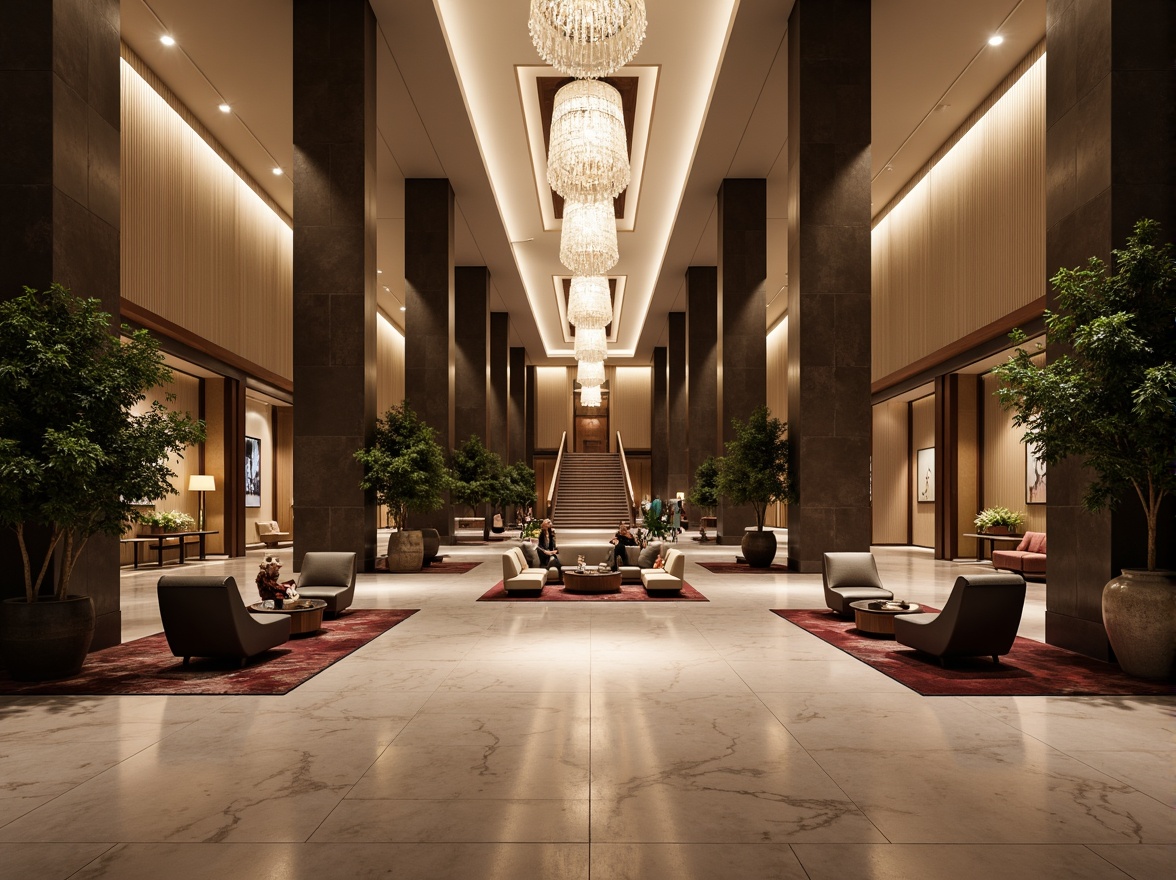 Prompt: Luxurious hotel lobby, grand monolithic architecture, sleek marble floors, imposing stone columns, minimalist decor, dramatic high ceilings, warm ambient lighting, elegant furnishings, plush carpets, sophisticated color palette, refined textures, ornate details, majestic staircase, opulent chandeliers, lavish amenities, serene atmosphere, 3/4 composition, symmetrical framing, soft focus blur, realistic reflections.