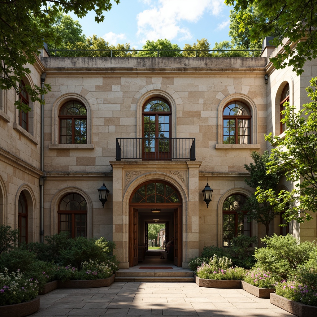 Prompt: Rustic school building, Romanesque style architecture, weathered stone walls, ornate carvings, grand entrance archways, stained glass windows, wooden doors with iron hinges, vintage metal lanterns, ivy-covered fa\u00e7ade, lush green courtyard, sunny afternoon, warm soft lighting, 1/1 composition, realistic textures, ambient occlusion.Let me know if this meets your expectations!