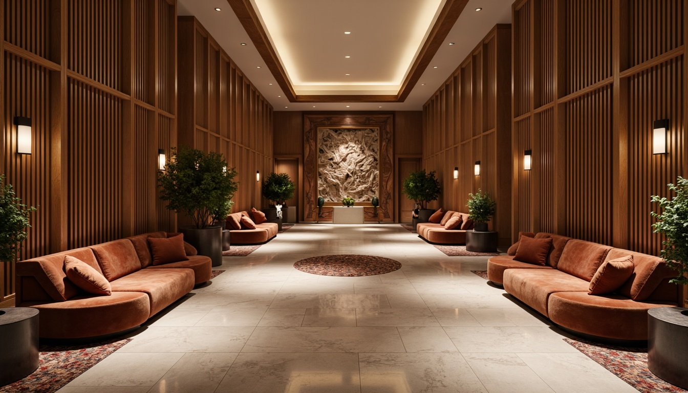 Prompt: Luxurious hotel lobby, rich wood paneling, natural stone flooring, plush carpeted areas, velvet upholstery, metallic accents, ambient lighting, cozy seating nooks, intricate patterns, 3D wall textures, modern minimalist decor, warm neutral color palette, soft focus photography, shallow depth of field, 2/3 composition, inviting atmosphere.