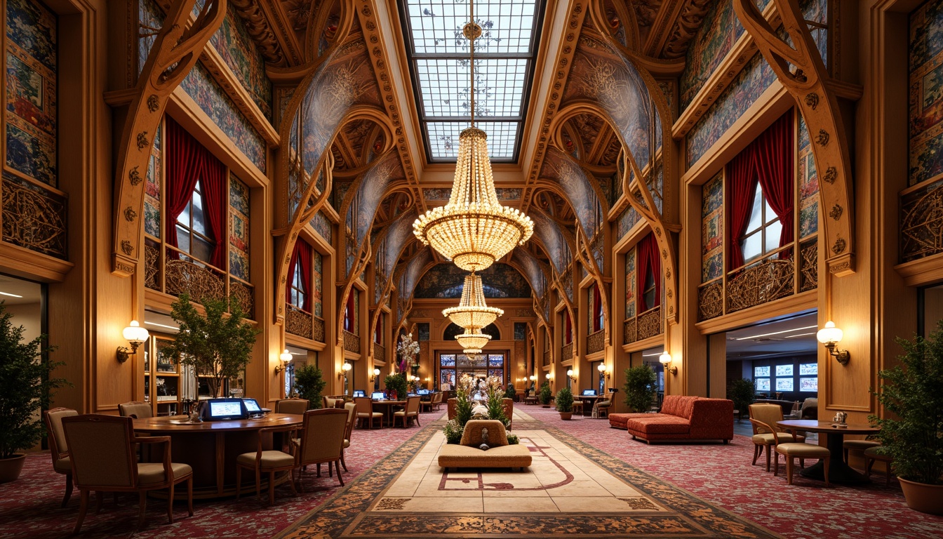 Prompt: Luxurious casino interior, ornate Art Nouveau details, curved lines, flowing organic shapes, vibrant colors, intricate mosaics, stained glass ceilings, grand chandeliers, velvet drapes, rich wood paneling, polished marble floors, decorative metalwork, opulent furnishings, lavish textiles, soft golden lighting, shallow depth of field, 1/1 composition, ornate mirrors, gilded accents, exquisite craftsmanship.