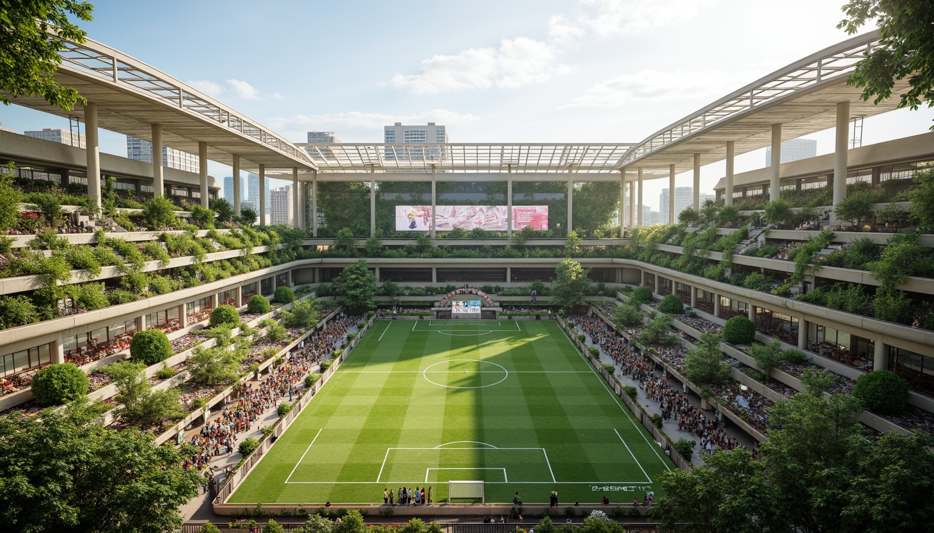 Prompt: Eco-friendly soccer stadium, lush green roofs, rainwater harvesting systems, solar panels, wind turbines, recycled materials, natural ventilation, large windows, transparent fa\u00e7ade, open-air concourse, seating areas with shading devices, LED lighting, energy-efficient systems, minimal carbon footprint, futuristic architecture, curved lines, dynamic shapes, modern amenities, state-of-the-art facilities, vibrant team colors, lively atmosphere, sunny day, soft warm lighting, shallow depth of field, 3/4 composition, panoramic view, realistic textures, ambient occlusion.