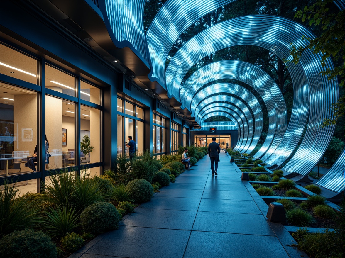 Prompt: Curved tram station, undulating blobs, iridescent glass surfaces, wavy metal structures, futuristic architecture, vibrant LED lighting, dynamic movement patterns, soft rounded edges, bioluminescent accents, organic textures, moss-covered walls, natural ventilation systems, ambient soundscape, shallow depth of field, 3/4 composition, panoramic view, realistic reflections, subtle animations.