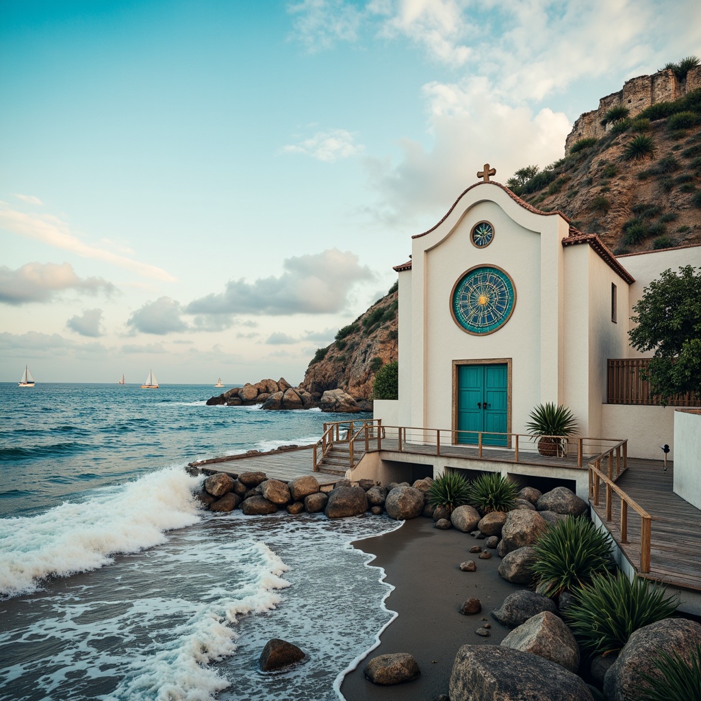 Prompt: Wave-crashing coastline, rustic wooden piers, sailboats in distance, misty ocean air, dramatic cliffside setting, modern coastal church facade, sleek white stucco walls, curved lines, nautical-inspired architecture, stained glass windows, vibrant turquoise accents, beachy textures, weathered wood accents, seagull silhouettes, soft golden lighting, shallow depth of field, 1/1 composition, symmetrical framing, realistic ocean sounds, ambient mist effects.