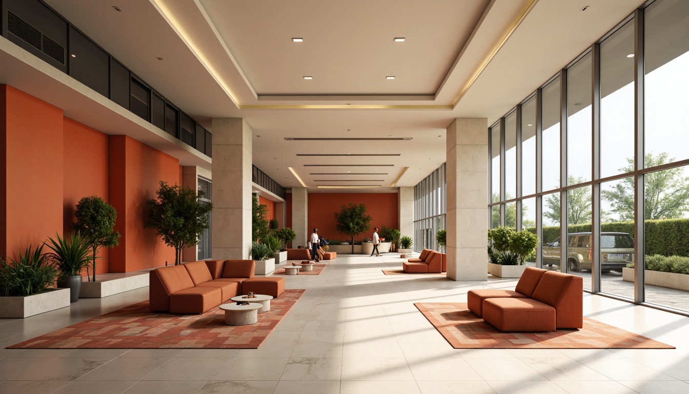 Prompt: Vibrant persimmon accent walls, modern office buildings, sleek glass facades, polished metal frames, minimalist decor, warm beige floors, creamy white ceilings, ergonomic furniture, greenery installations, natural stone reception desks, geometric patterned rugs, ample daylight, soft diffused lighting, 1/1 composition, realistic textures, ambient occlusion.