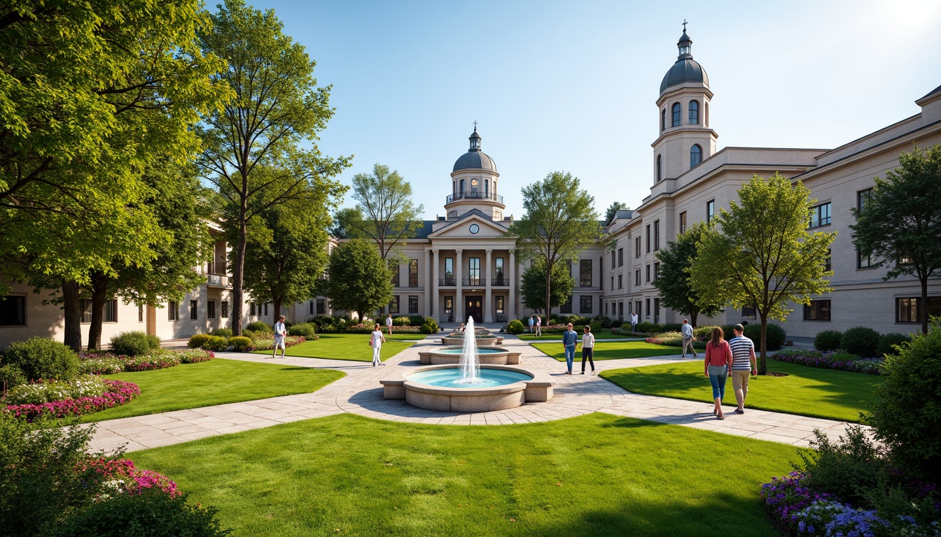 Prompt: Manicured lawns, ornate fountains, stately trees, walking paths, granite pavements, historic courthouse buildings, neoclassical architecture, ionic columns, domed roofs, symmetrical facades, rustic stone walls, blooming flower beds, seasonal plantings, tranquil ambiance, warm sunny day, soft natural lighting, shallow depth of field, 1/2 composition, realistic textures, ambient occlusion.