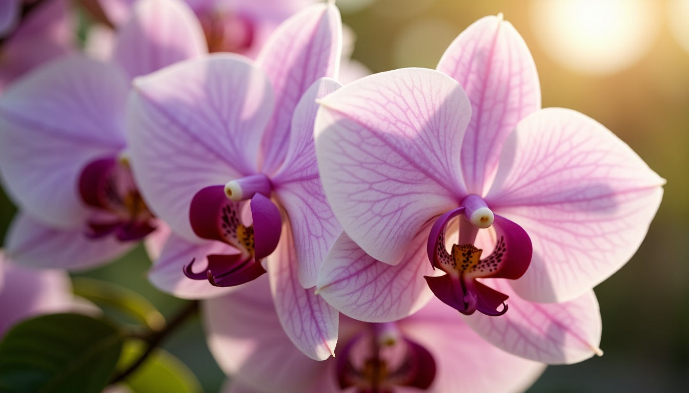 Prompt: Luxuriant orchid flowers, soft petals, delicate shapes, pastel hues, gentle gradients, creamy whites, rich plums, blush pinks, mauve undertones, warm golden light, shallow depth of field, 1/1 composition, intimate close-up, realistic textures, ambient occlusion.