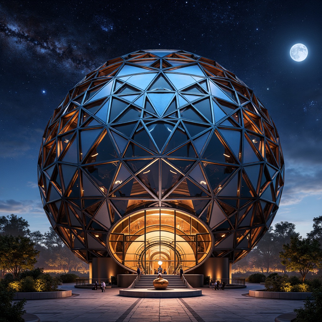 Prompt: Geometric planetarium dome, metallic exterior cladding, polished chrome accents, zigzag patterns, bold color schemes, ornate details, luxurious materials, futuristic astronomical instruments, celestial body projections, starry night sky, soft ambient lighting, dramatic spotlights, curved lines, symmetrical composition, high-contrast textures, reflective surfaces, 1/1 aspect ratio, ultra-wide-angle lens.